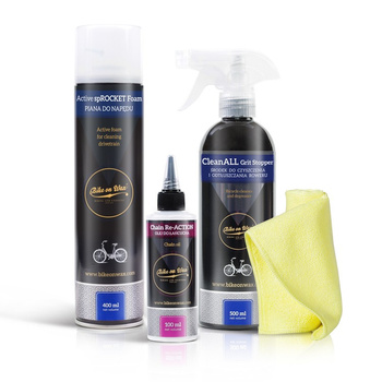 Zestaw do konserwacji roweru - 1 x środek do czyszczenia + 1 x piana na gazie + 1 x olej do łańcucha + mikrofibra