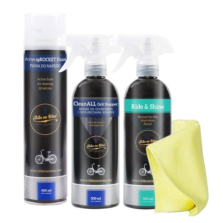 Zestaw do czyszczenia roweru "Czyści jak nic!" - Piana na gazie + środek do czyszczenia + Ride and shine + mikrofibra